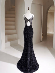 Simple Mermaid Velvet Sequin Black Long Prom Dresses, Black Long Evening Dresses