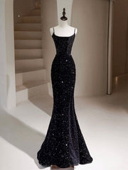 Simple Mermaid Velvet Sequin Black Long Prom Dresses, Black Long Evening Dresses