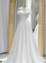 Simple White Satin Pleats Wedding Dress