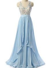 Sky Blue Beaded Prom Dress Formal Women Evening Dresses