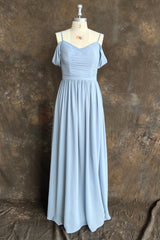 Sky Blue Off Shoulder Spaghetti Strap Sweetheart Chiffon Bridesmaid Dresses