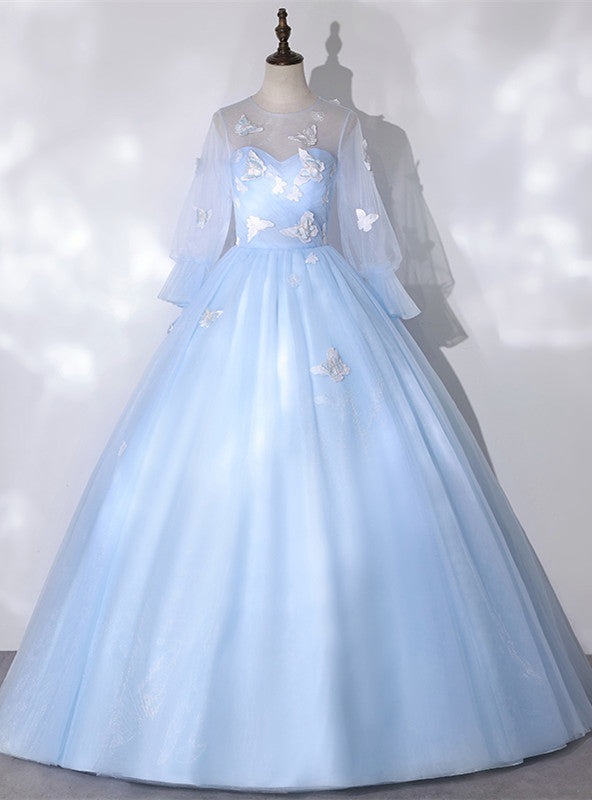 Sky Blue Tulle Long Sleeve Butterfly Quinceanera Dress