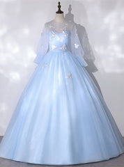 Sky Blue Tulle Long Sleeve Butterfly Quinceanera Dress