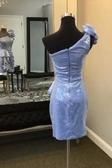 Sparkly Blue One Shoulder Sequins Bodycon Short Homecoming Dress with Ruffles