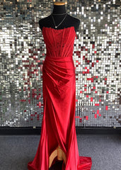 Red Sheath Strapless Corset Satin Prom Dress with Slit