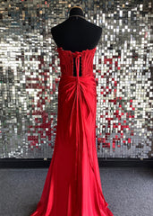 Red Sheath Strapless Corset Satin Prom Dress with Slit