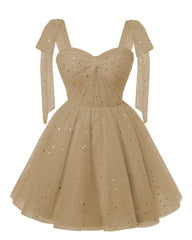 Sparkly Starry Champagne Tulle Short Homecoming Dresses Spaghetti Bow Straps Prom Dress Sequin Cocktail Party Dress for Teens