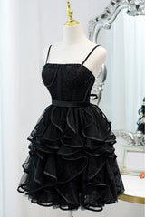 Special Black Ruffled Short Homecoming Dress with Spaghetti Straps