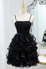 Special Black Ruffled Short Homecoming Dress with Spaghetti Straps