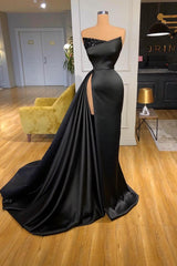 Strapless Black Prom Dress High Split With Beads