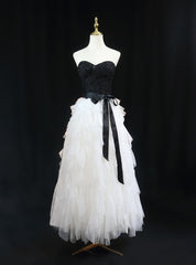 Strapless White Tulle Black Beaidng Prom Dress