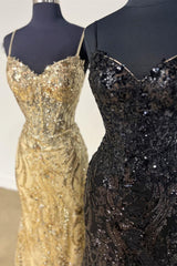 Straps Gold Sequin Mermaid Long Party Dress