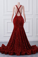 Straps Red Beading Sequin Prom Dresses Mermaid Long Party Dresses