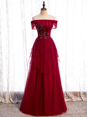 Stylish Burgundy Tulle Off the Shoulder Appliques Beading Prom Dress