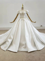 Take Center Stage In White Ball Gown Satin Square Neck Pleats Beading Wedding Dress With Bow