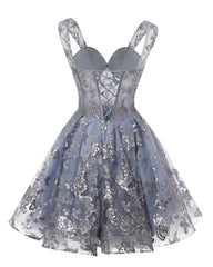 Teens Sparkly Tulle Dusty Blue Homecoming Dresses Spaghetti Straps Short Cocktail Party Prom Dress