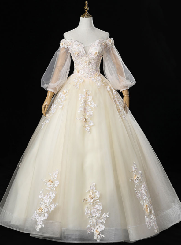 To Choose From Champagne Ball Gown Tulle Off the Shoulder Appliques Long Sleeve Quinceanera Dress