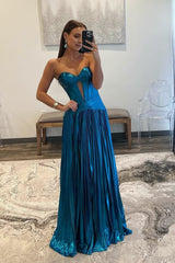 Turquoise Sweetheart Metallic Pleated Long Formal Dress With Slit