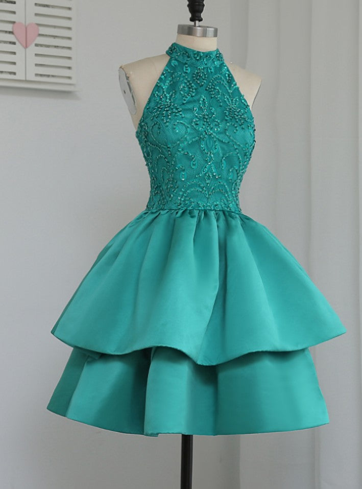 Unique A-line Halter Green Satin Short Homecoming Dresses