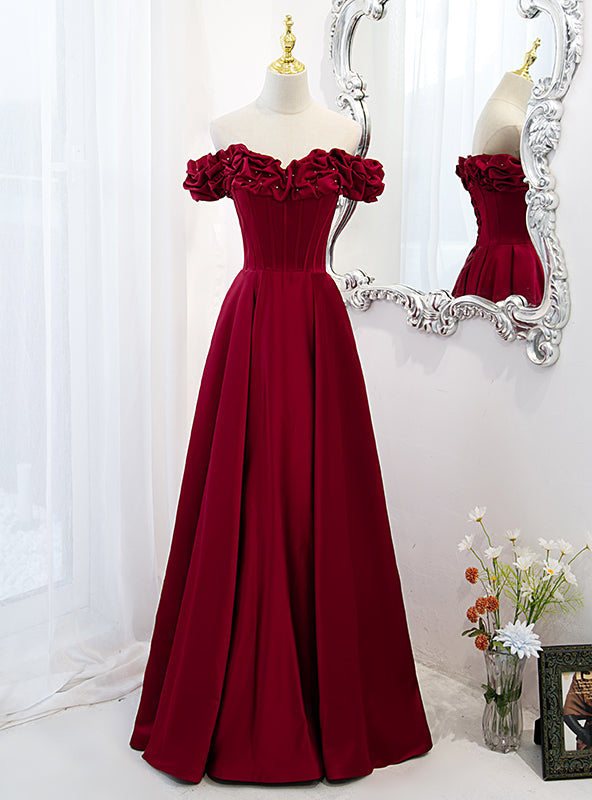 Unique Burgundy Satin Off the Shoulder Prom Dress