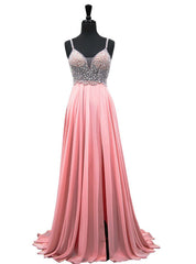 V-neck Heavy Beaded African Pink Chiffon Backless Prom Dress