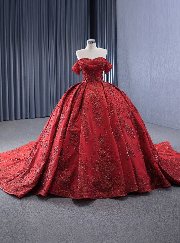 Vintage Red Tulle Sequins Off the Shoulder Pearls Prom Dress