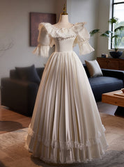 Vintage White Satin Lace Puff Sleeve Wedding Dress