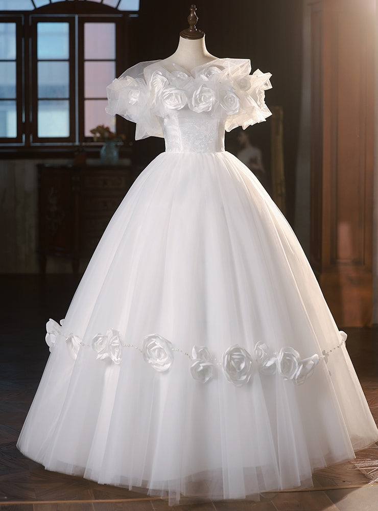 Vintage White Tulle Flower Wedding Dress