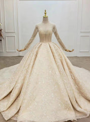 We Offer a Large Numbers Of Dark Champagne Tulle Sequins Beading High Neck Long Sleeve Wedding Dress