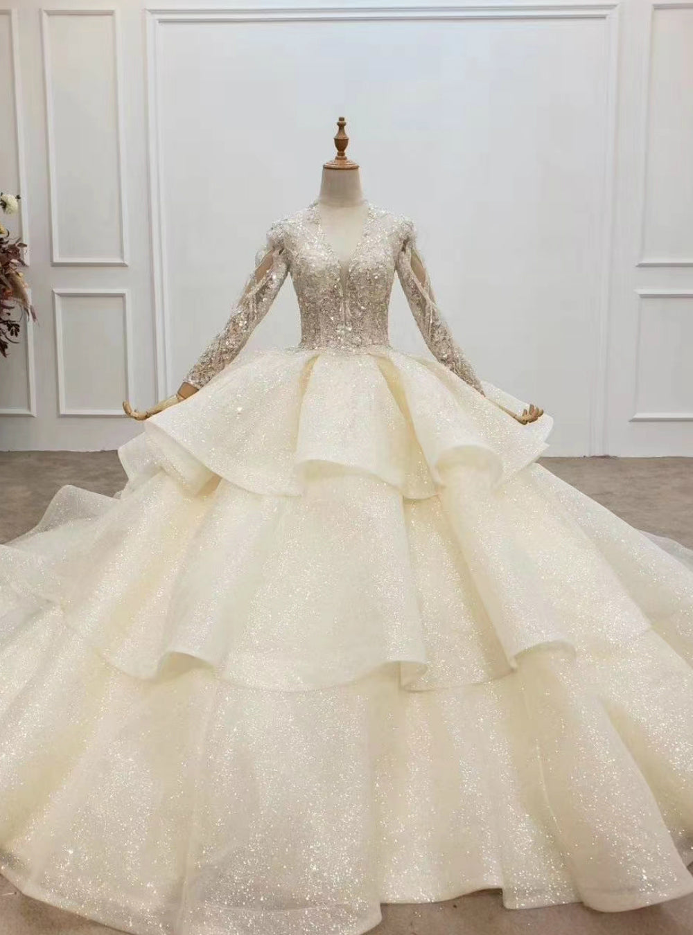 We Offer a Variety Of Tulle Sequins V-neck Long Sleeve Beading Champagne Wedding Dress