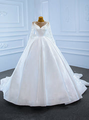 White Ball Gown Satin Long Sleeve Beaidng Wedding Dress With Bow