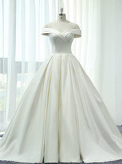 White Ball Gown Satin Off The Shoulder Wedding Dress With Train