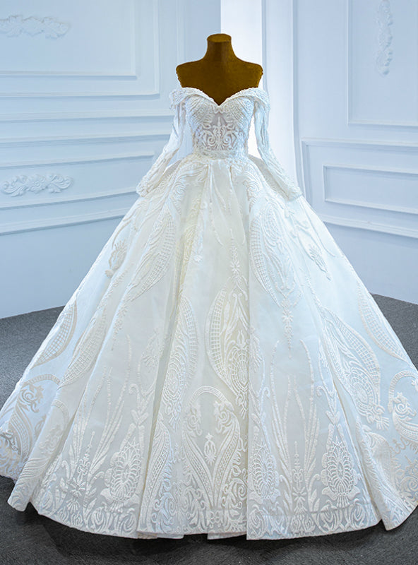 White Ball Gown Sequins Off the Shoulder Long Sleeve Beading Wedding Dress