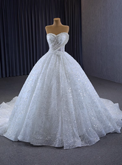 White Ball Gown Sequins Sweetheart Pearls Wedding Dress