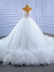 White Ball Gown Spaghetti Straps Pearls Wedding Dress