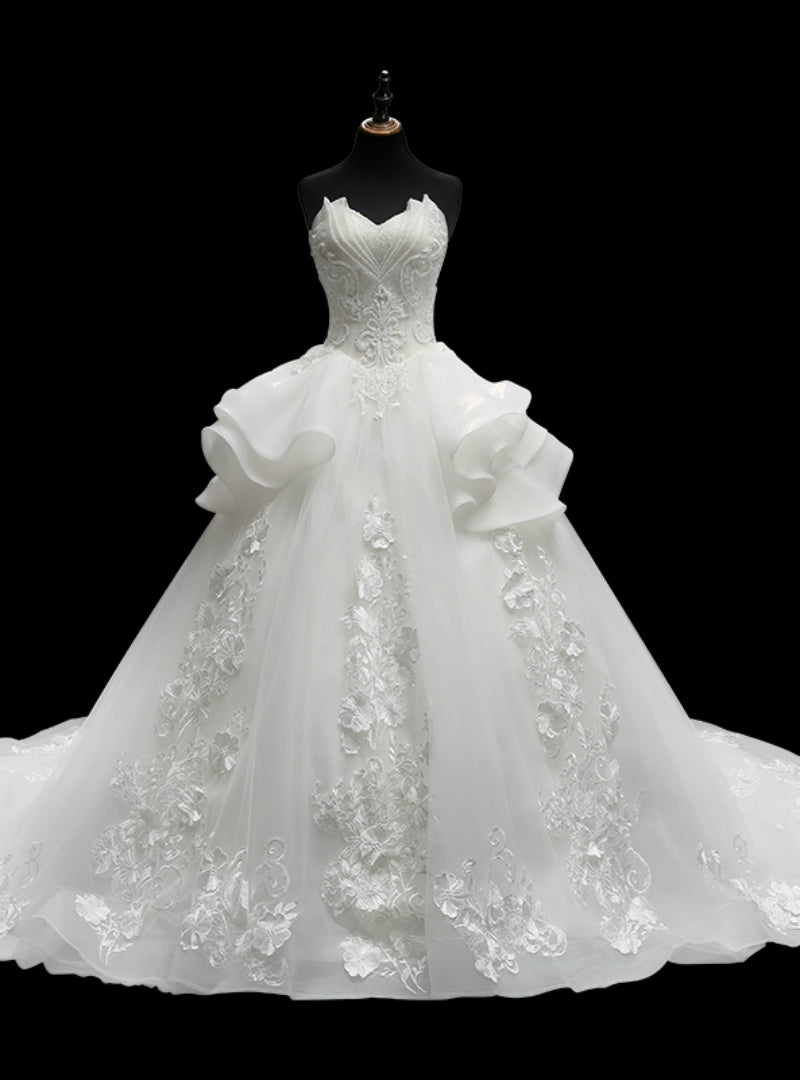 White Ball Gown Sweetheart Neck Tulle Appliques Train Wedding Dress