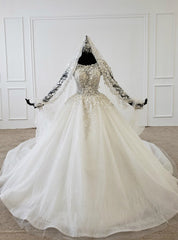 White Ball Gown Tulle Sequins Cap Sleeve Appliques Beading Wedding Dress