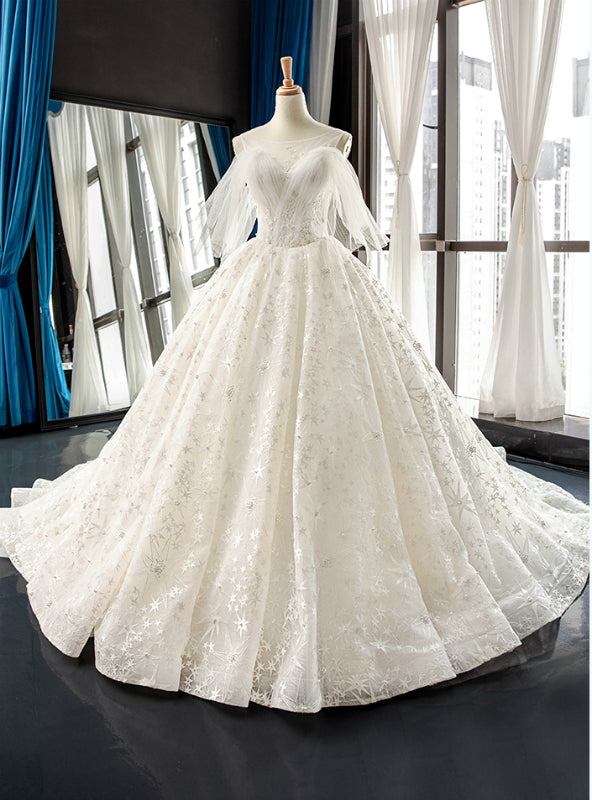 White Ball Gown Tulle Star Embrodiery Lace Backless Wedding Dress