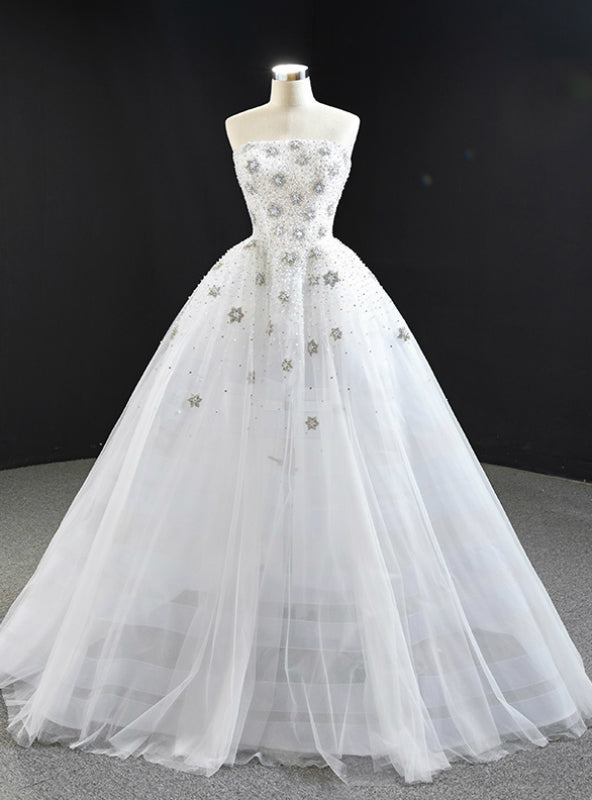 White Ball Gown Tulle Strapless Beading Sequins Prom Dress