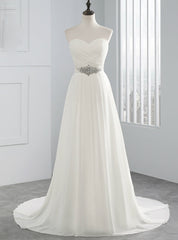 White Chiffon Sweetheart Neck Pleats Wedding Dress With Crystal