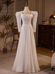 White Lace Long Sleeve Square Neck Wedding Dress