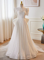 White Lace Tulle Short Sleeve Wedding Dress