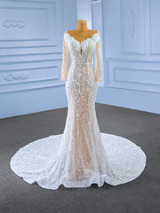 White Long Sleeve Sequins Beading Pearls Wedding Dress