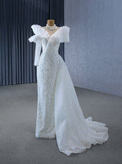 White Mermaid High Neck Long Sleeve Pearls Wedding Dress