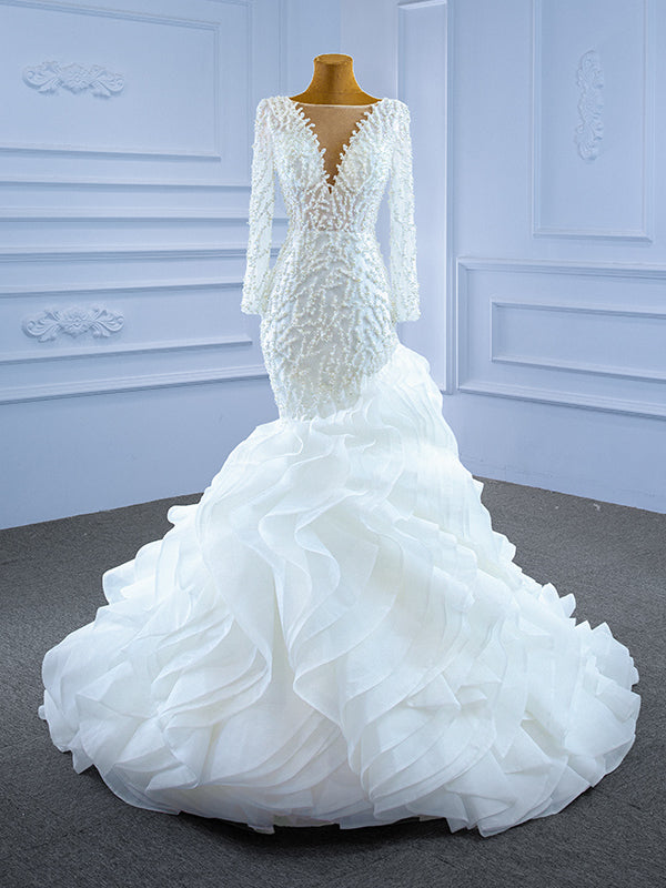 White Mermaid Long Sleeve Tulle Pearls Wedding Dress