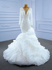 White Mermaid Long Sleeve Tulle Pearls Wedding Dress