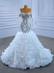 White Mermaid Organza Beading Crystal Wedding Dress