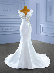 White Mermaid Satin Pearls Pleats Wedding Dress