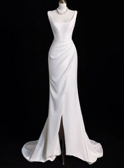 White Mermaid Satin Pleats Split Wedding Dress