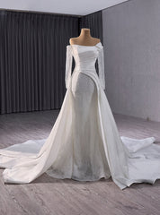 White Mermaid Satin Sequins Long Sleeve Wedding Dress